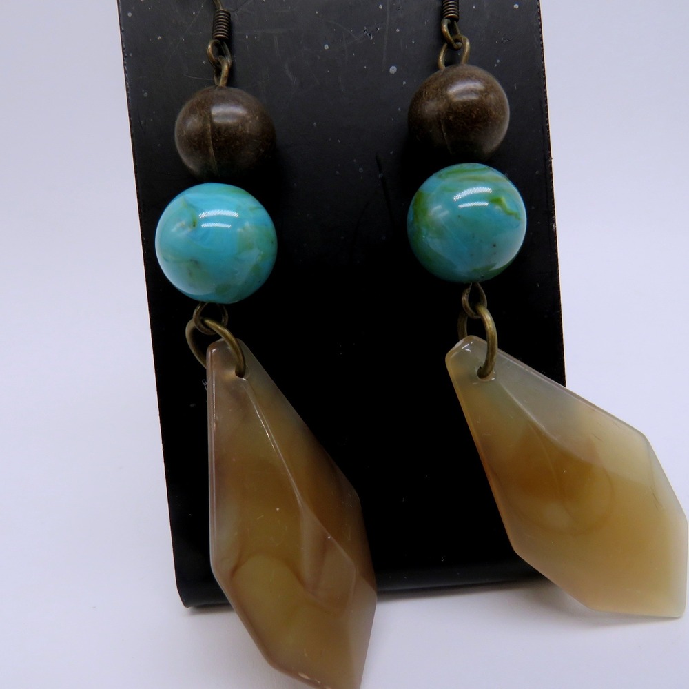 Boho Tan Resin Diamond Drop Earrings Turquoise Marbled Bead Bronze Tone Dangle